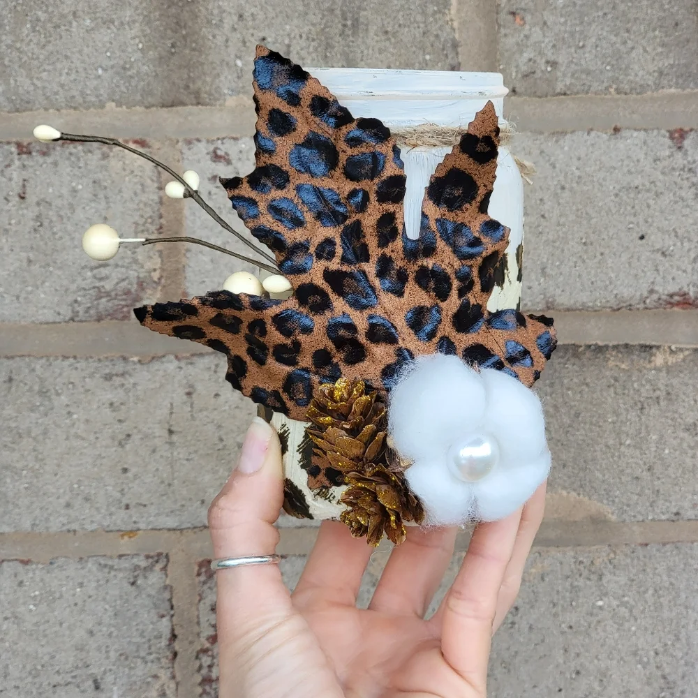 Decoupage Fall/Autumn leaf Animal print Mason jar Handmade